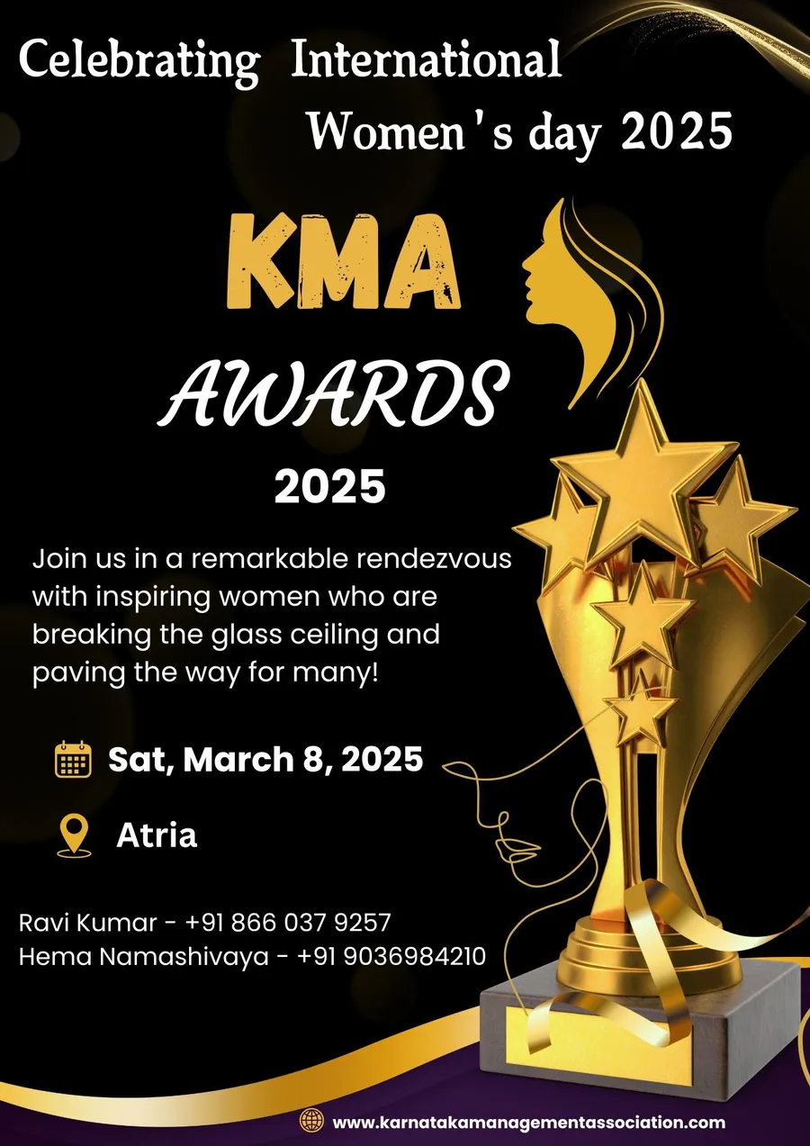 Poster for KMA Awards 2025, Celebrating Women in Academia, listing the date, venue and award categories
